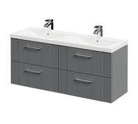 Avant Wall Mounted Vanity Unit with Ceramic Double Basin and 4 Drawers with Polished Chrome Handles | Satin Grey | MDF | 1200mm