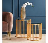 Avantis Gold Finish Set of 2 Round Side Tables with Vertical Bar Design