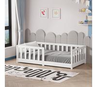 Avc Designs Junior Wooden Floor Bed With Side Rails Toddler Solid Pine Wood Modern Children Kids Junior Bed Frame White 140 X 70Cm