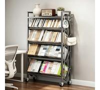 Avdnrya 5-Layer Rolling Book Cart with Wheels, Metal Storage Bookshelf with Anti-slip Partition & Detachable Hook for Books, Magazines, and More