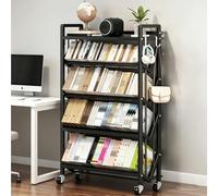 Avdnrya Rolling Book Cart with Wheels, 5-Layer Metal Storage Bookshelf with Anti-slip Partition & Detachable Hook for Books and Magazines