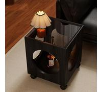 Avdnrya Solid Wood End Table, 2-Tier Side Table with Storage Shelf, Rolling Sofa Table with Glass Top for Living Room and Bedroom