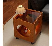 Avdnrya Solid Wood End Table, 2-Tier Side Table with Storage Shelf, Rolling Sofa Table with Glass Top for Living Room and Bedroom