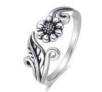 AVECON Silver Rings Adjustable Flower and Leaf Pattern Design Promise Wedding Bands for Women Her Birthday Romantic Date Gift