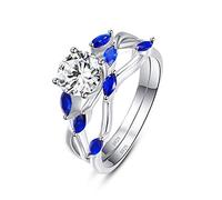 AVECON Women's Created Blue Sapphire Rings Set Pure 925 Sterling Silver Round Cut Cubic Zirconia CZ Eternity Wedding Band Size O