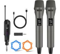 Aveek Wireless Microphone 2-Pack, Dual Handheld Cordless Rechargeable Wireless Mics System with Receiver, Karaoke Microphones for Singing, Weddings, DJ, Parties & Speech (Grey)
