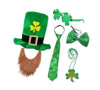 [Avejjbaey] Complete Hat Beard Sequin Necktie Necklace Glasses Adult Irish Festival Accessories Bundle Shamrock Hat Mustache Sequin Necktie Necklace Eyewear Celebration