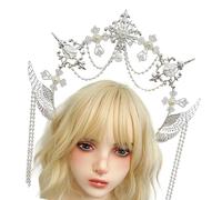 Avejjbaey Halo Crown Pearl Crystal Goddess Headband Mary God Death Headpiece Golden Tiaras Wedding Costume Cosplay Golden Tiara
