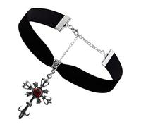 [Avejjbaey] Red Gemstone Embedded Trendy Cross Pendant Adjustable Length Neck Chain Daily Wear Jewelry Party Accessories