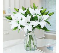 AveJoys Artificial Lily Flowers, 6 Branches Real Touch Latex Fake Flower Lilies Full Bloom Faux Flowers for Home Office Wedding Party Decor Graves Arrangement(White)