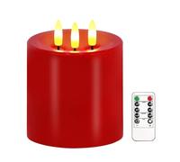 AVEKI 4"x4" Flameless Flickering Candles, Large 3 Wick Real Wax LED Candles with Remote & Timer, Battery Operated Pillar Candle for Wedding Party Christmas Home Decoration (Red)