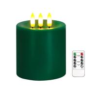 AVEKI 4"x4" Flameless Flickering Candles, Large 3 Wick Real Wax LED Candles with Remote & Timer, Battery Operated Pillar Candle for Wedding Party Christmas Home Decoration (Green)