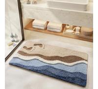 AVEKI Beach-Themed Plush Bath Mat, Wave Sand & Footprint Non-Slip Rug with Non-Slip Backing, Soft Absorbent Polyester Floor Mat for Bathroom, Machine Washable Bath Mats 20" x 31" (Footprints)