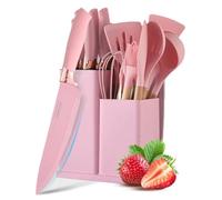 AVEKI Cooking Utensils Set, Pink 19PC Silicone Kitchen Utensil Set and Stainless Steel Knife Set with Block, Non-stick Heat Resistan Kitchen Tools and Gadgets for Home Restaurant (Pink)