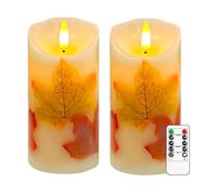 AVEKI Flameless Candle Light, Set of 2 6"x3" Flickering Christmas Flameless Candles with Remote & Timer, Dimmable Real Wax Pillar Candles Battery Operated, Decor for Home Xmas (Maple Leaf)
