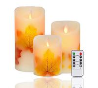 AVEKI Flickering Flameless Candles, Orange Real Wax Battery Operated LED Candle with Remote Timer & Brightness Function, Set of 3 Pillar Candles Lights Decor for Festival Wedding Home (Maple Leaf)