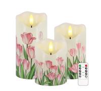 AVEKI Flickering Flameless Candles, Tulip Real Wax Battery Operated LED Candle with Remote Timer & Brightness Function, Set of 3 Pillar Candles Lights Decor for Festival Wedding Spring Home (Tulip)