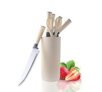 AVEKI Kitchen Knife Set, 7 Pieces Stainless Steel Knife Block Set with Sharp Blade, Professional Chef Knife Set with Ergonomic Handles, Cooking Set for Slicing, Dicing, Cutting (Beige Grey)