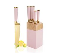 AVEKI Knife Sets for Kitchen, Pink 6 PCS Stainless Steel Knife Sets with Block, Ultra Sharp Knife Block Set with Comfortable Handle, Built-in Sharpener, New Home Apartment Essentials (Pink)