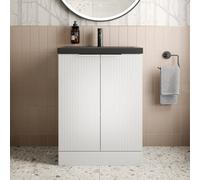 Aveli 600mm Fluted White Floorstanding Vanity Unit Black Ceramic Basin Chrome Handle