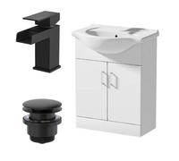 Aveli 650mm White Gloss Bathroom Vanity Unit Freestanding Black Waterfall Tap & Waste