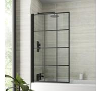 Aveli 800mm Bath Shower Screen Black Grid Square Door Hinged Framed Reversible 6mm Toughened Safety Glass