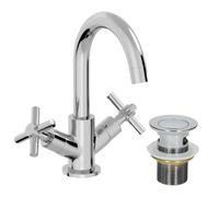 Aveli Bathroom Mono Basin Sink Mixer Tap Waste Modern Cross Head Handle Curved Spout