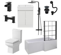 Aveli Complete Bathroom Suite Black 1700 L Shape Rh Bath Screen Vanity Wc Shower Taps
