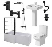 Aveli Complete Bathroom Suite Black 1700mm L Shape Lh Bath Screen Basin Wc Shower Taps