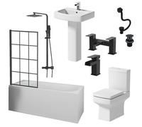 Aveli Complete Bathroom Suite Black Bath Shower Screen Basin Toilet Taps Waste 1600mm