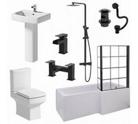 Aveli Complete Bathroom Suite Black Rh Shower Bath Screen Basin Pedestal Toilet 1700mm