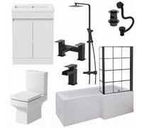 Aveli Complete Bathroom Suite Black Rh Shower Bath Screen Basin Vanity Toilet 1700mm
