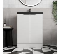 Aveli Fluted 600mm White Floorstanding Vanity Unit Black Basin Soft Close Doors