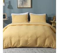 AveLom Seersucker Duvet Cover Set Queen Size (90 x 90 inches), 3 Pieces (1 Duvet Cover + 2 Pillow Cases), Yellow Ultra Soft Washed Microfiber, Textured Duvet Cover with Zipper Closure, Corner Ties