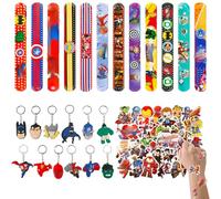 Aven-ge Party Bag Fillers for Kids, 74pcs Party Bags Supplies for Kids Boys Girls, Cartoon Themed Pinata Filler with 50pcs Stickers, 12pcs Slap Bands, 12 Keychain.