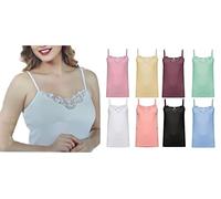 AVENAT Women's Vest Cami Tank Vest Top Sleeveless Trim Neck with Lace Ultra Cotton Top Satin Camisole Strappy Fitted Ladies Top V Neck UK (UK, Alpha, S, Regular, Regular, Assorted Pack of 3)