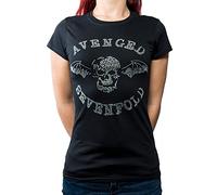Avenged Seven Fold Women's Avenged Sevenfold Death Bat with Rhinestone Application T-Shirt, Black (Black Black), 12 (Manufacturer Size: Large)