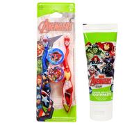 Avengers Captain America and Iron Man Manual Toothbrushes (2 Pack) with Travel Caps and Avengers Bubblegum Flavour Toothpaste (75ml) Set. Kids Toothbrush and Toothpaste Set.