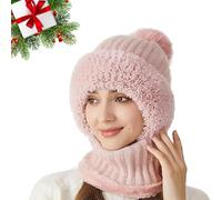 Averageon 3 in 1 Beanie Hat for Women, 3 in 1 Beanie Hat with Scarf and Mask, Mask Set Hooded Piece Windproof Warm Snow Cap(Pink)