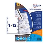 Avery 01640061 A4 IndexMaker Punched Card Dividers with Printable Clear Tabs, 12 Part Dividers - White