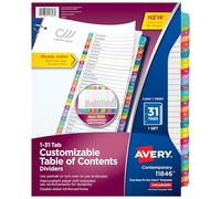 Avery 1-31 Tab Dividers for 3 Ring Binders, Customizable Table of Contents, Multicolor Tabs, 1 Set (11846)