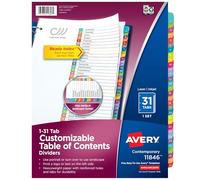 Avery 1-31 Tab Dividers for 3 Ring Binders, Customizable Table of Contents, Multicolor Tabs, 1 Set, 12 Packs (11846)