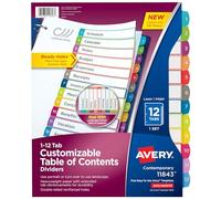 Avery 12 Tab Dividers for 3 Ring Binders, Customizable Table of Contents, Multicolor Tabs, 1 Set, 24 Packs (11843)