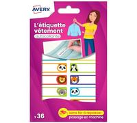 Avery 36 Pieces Animal Design Stickers - Customisable with Permanent Marker - Durable Washable up to 40C and Tumble Dry - 1.2 x 4.5 cm