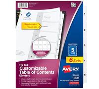 Avery 5-Tab Dividers for 3-Ring Binders, Customizable Table of Contents, Classic White Tabs, 6 Sets (11821)