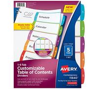 Avery 5 Tab Dividers for 3 Ring Binders, Customizable Table of Contents, Multicolor Tabs, 1 Set (11840)