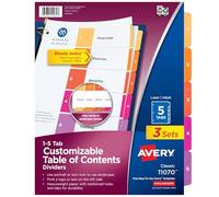Avery 5 Tab File and Page Dividers for 3 Ring Binders, Customizable Table of Contents, Multicolor Tabs, 3 Sets (11070)