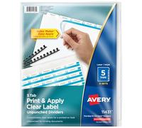 Avery 5-Tab Unpunched Binder Dividers, Easy Print & Apply Clear Label Strip, Index Maker, White Tabs, 5 Sets (11431)