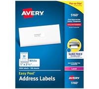 Avery 5160 White Self-Adhesive Address Labels (White, Self-Adhesive Labels, Laser, Rectangular with Rounded Corners, 3000 Items, 100 Sheets)