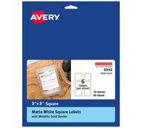 Avery 6542 Matte White 3x3 Square Labels with Metallic Gold Borders - 60 Laser/Inkjet Printable